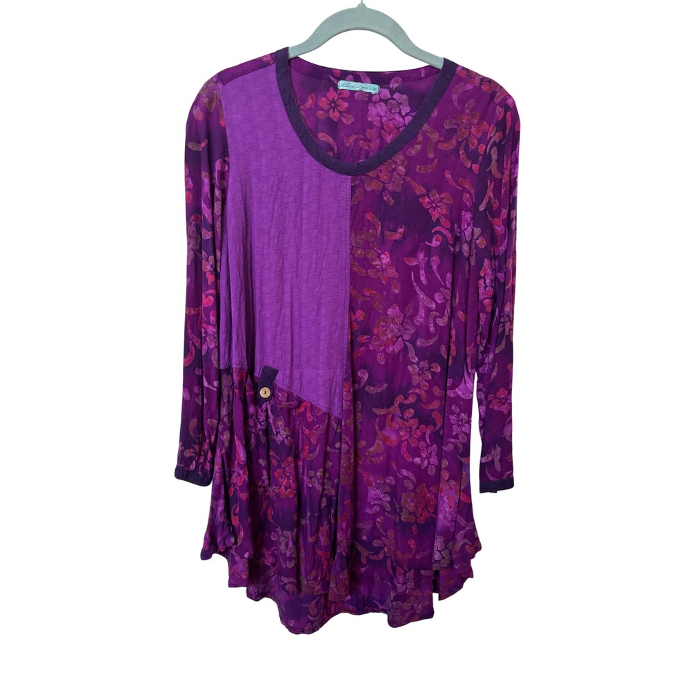 Blue Sky Clothing Co Purple Batik Floral Patchwork Tunic Top Long Sleeve Medium